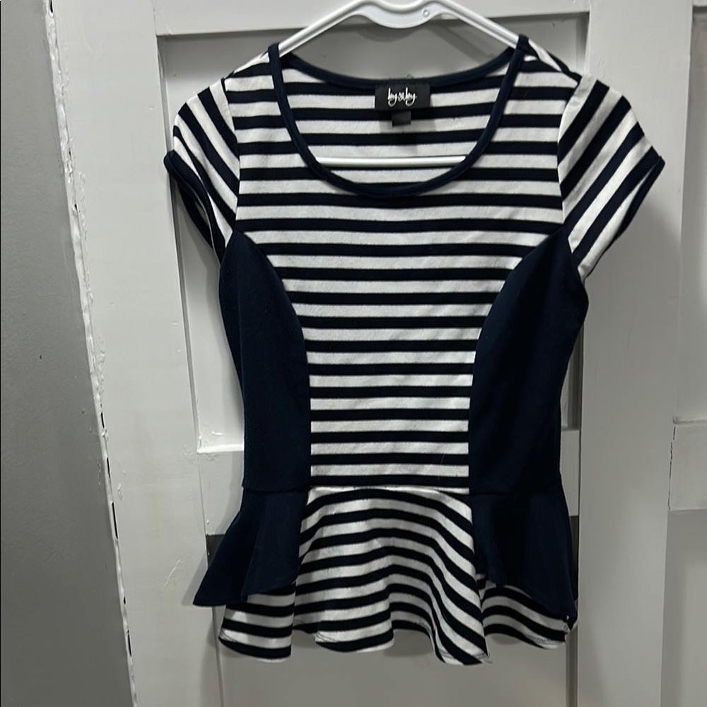 By & By Women's Navy Striped Top Peplum